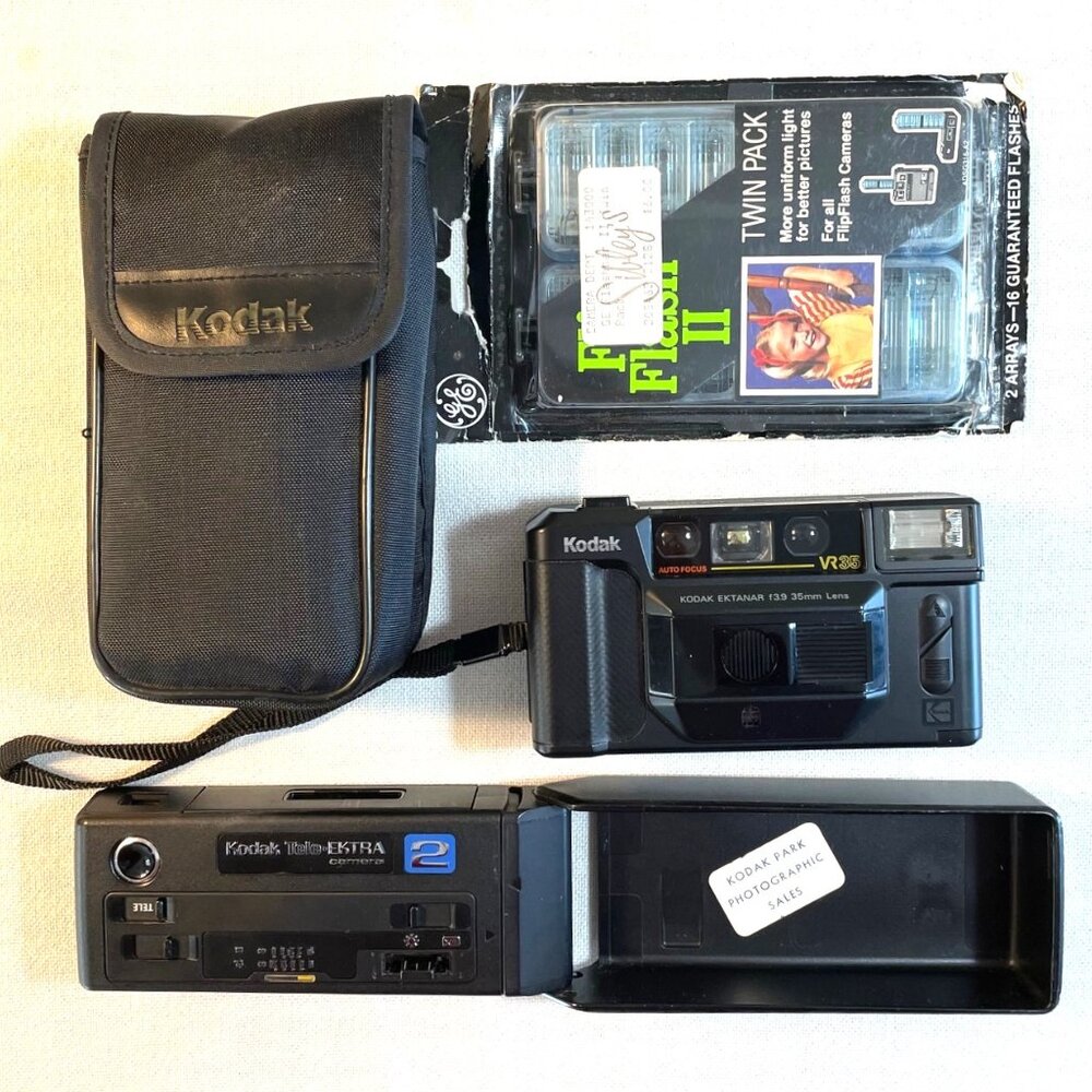 TWO Kodak Cameras: Ektanar AutoFocus VR35 & Tele Ektra 2 plus 1 Case & Flipflash
